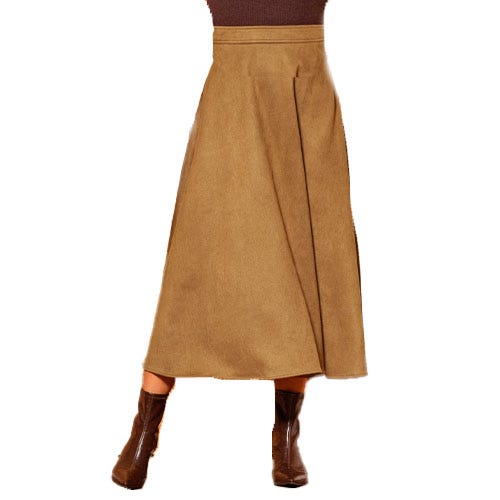 A brown midi-length skirt with a slight A-line cut paired with brown leather boots.