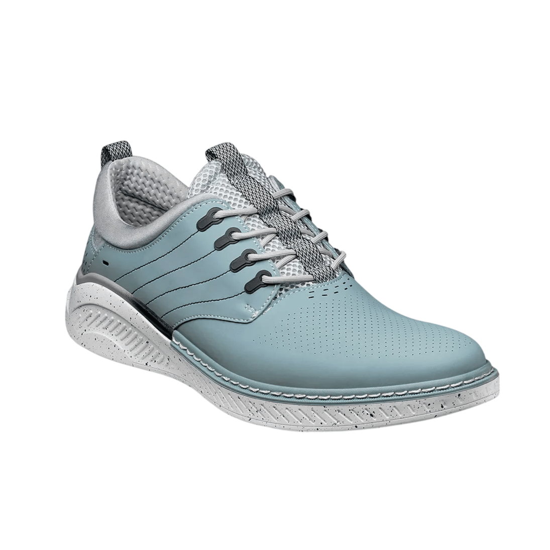 A blue casual sneaker with a textured sole, gray laces, and black details. It features perforations on the toe for breathability and a padded collar for comfort.