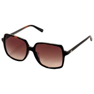 Michael Kors sunglasses with square black frames and brown gradient lenses, featuring the \“MK\“ logo on the temples.