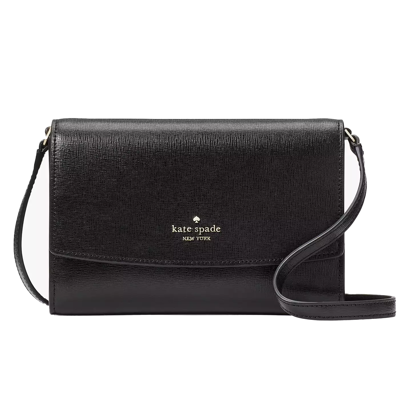 A black Kate Spade New York crossbody bag with a textured finish and gold logo detailing.