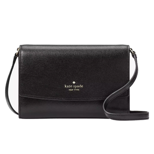 A black Kate Spade New York crossbody bag with a textured finish and gold logo detailing.