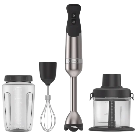 A set of kitchen appliances consisting of a hand blender, whisk attachment, mixing jar with a lid, and a food processor attachment.