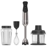 A set of kitchen appliances consisting of a hand blender, whisk attachment, mixing jar with a lid, and a food processor attachment.