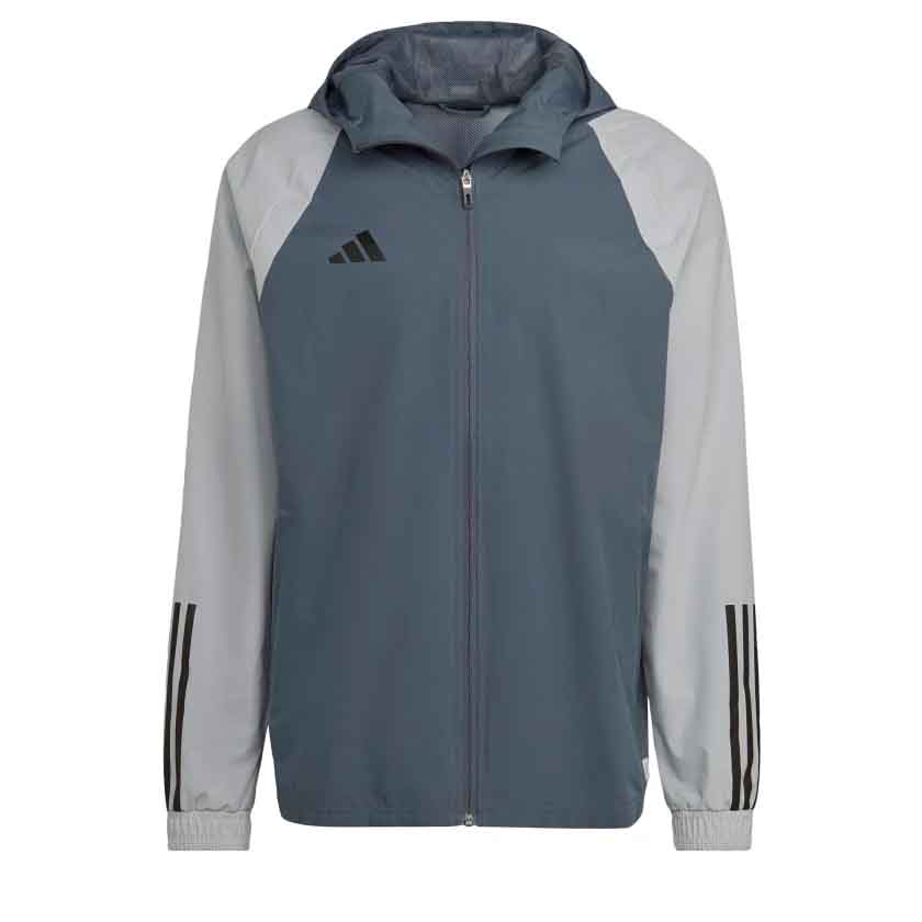 Adidas Men's All-Weather Jacket features a gray body with light gray sleeves, a full zip front, hood, and black Adidas logo on the chest. The sleeves have black stripes near the cuffs.