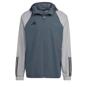 Adidas Men's All-Weather Jacket features a gray body with light gray sleeves, a full zip front, hood, and black Adidas logo on the chest. The sleeves have black stripes near the cuffs.
