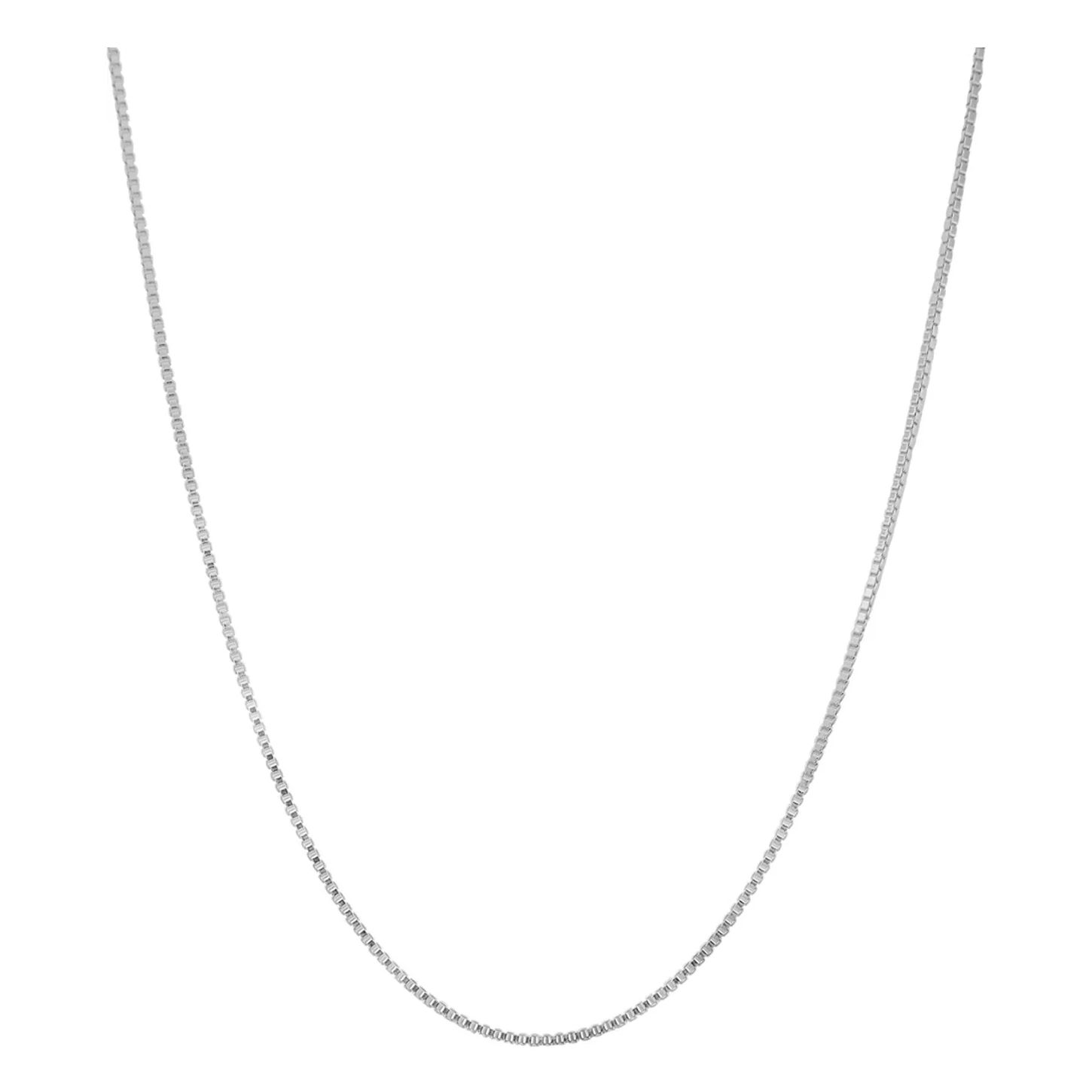 A simple silver box chain necklace with a minimalist design, featuring small square links.