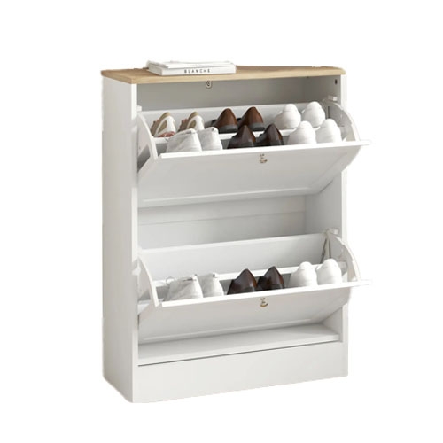 HomCom Slim Shoe Cabinet features a two-tier design with a white finish and wooden top, equipped with pull-down compartments for shoe storage.