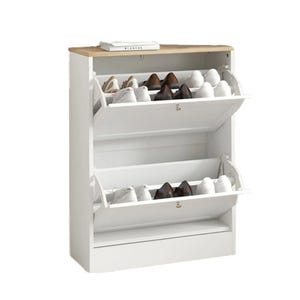HomCom Slim Shoe Cabinet features a two-tier design with a white finish and wooden top, equipped with pull-down compartments for shoe storage.
