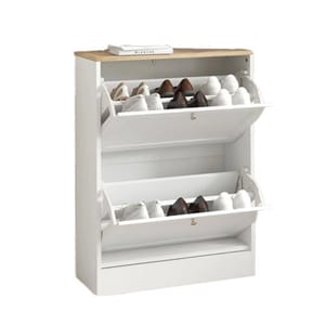 HomCom Slim Shoe Cabinet features a two-tier design with a white finish and wooden top, equipped with pull-down compartments for shoe storage.