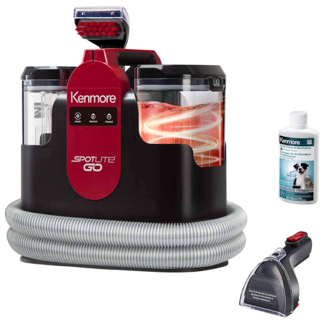 Kenmore Spotlite Go Portable Carpet Cleaner with hose, cleaning solution, and handheld cleaning tool. Features include modes for deep cleaning and spot treatment.