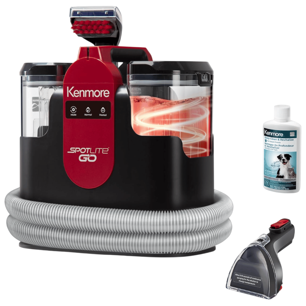 Kenmore Spotlite Go Portable Carpet Cleaner with hose, cleaning solution, and handheld cleaning tool. Features include modes for deep cleaning and spot treatment.