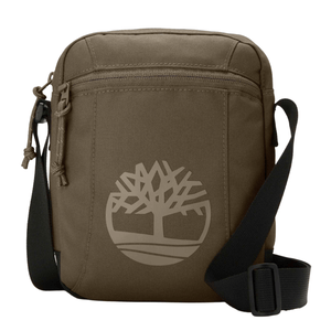 A brown crossbody bag with an adjustable black strap and a front zipper pocket, featuring a tree logo design.