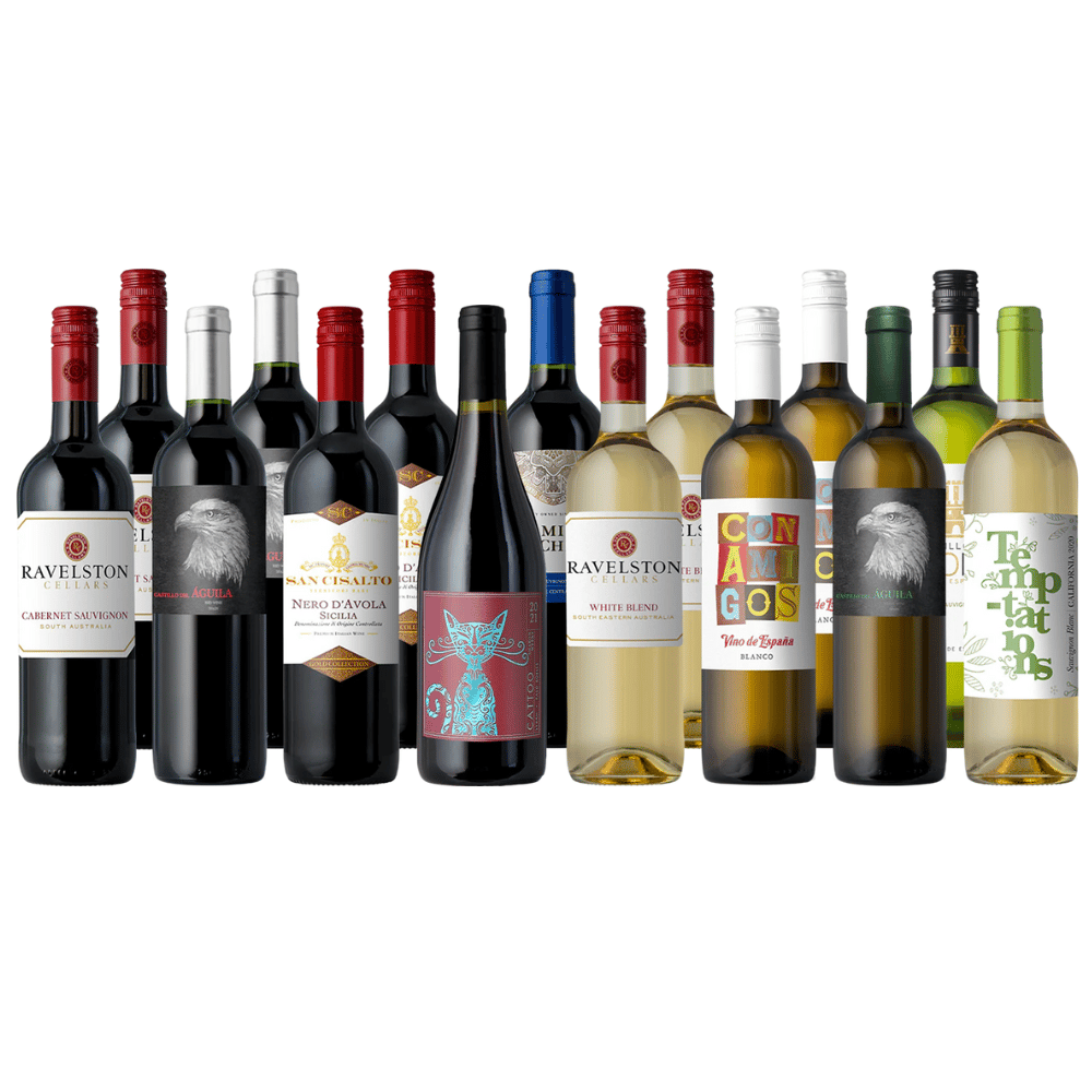 A selection of assorted wine bottles, including red and white varieties such as Cabernet Sauvignon, Nero d'Avola, and various blends with distinct labels and branding.