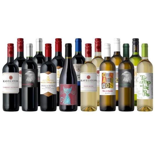 A selection of assorted wine bottles, including red and white varieties such as Cabernet Sauvignon, Nero d'Avola, and various blends with distinct labels and branding.