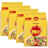 Four packs of Samyang MEP Red Pepper, Chicken & Cilantro flavored instant noodles, each containing four bags.