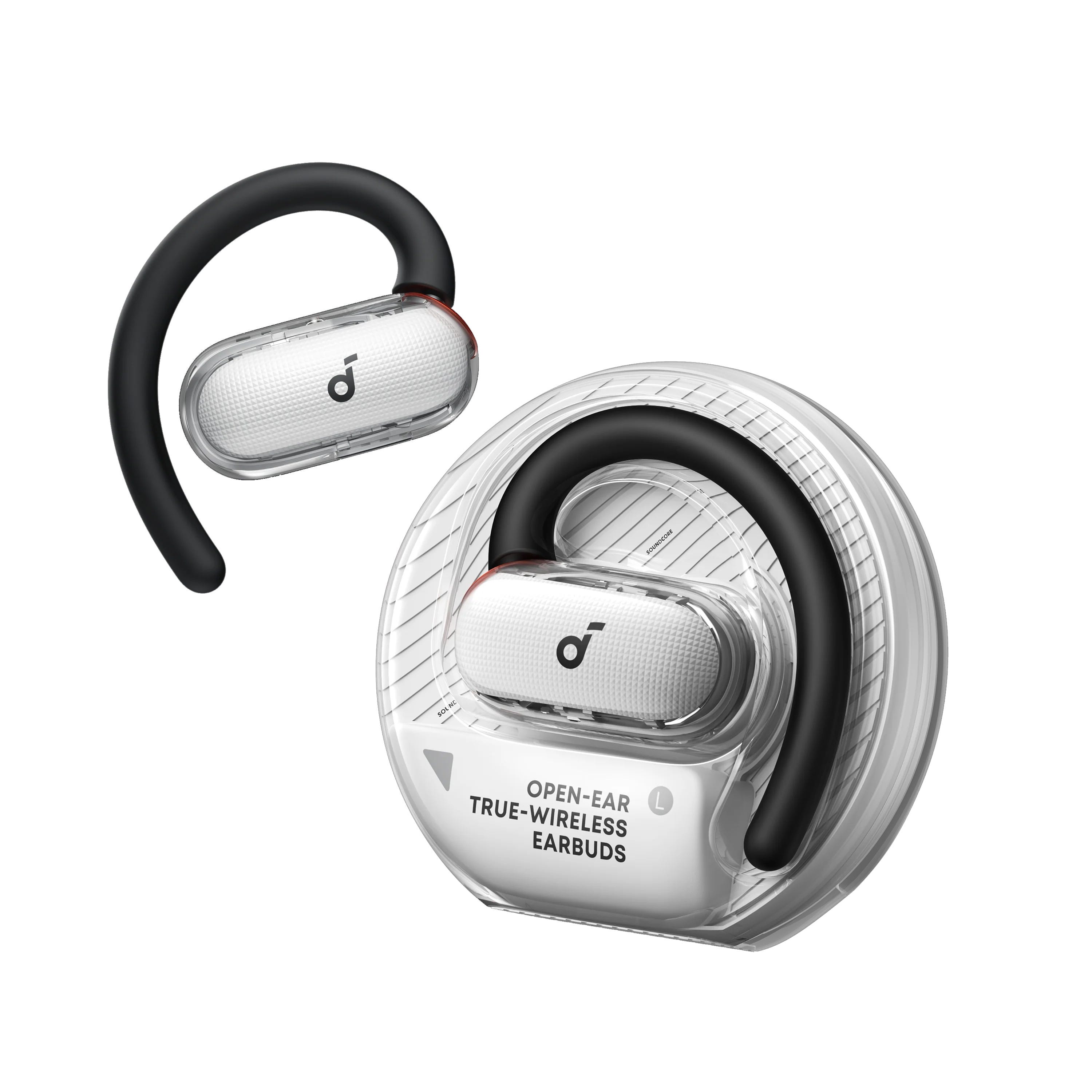 Open-ear true wireless earbuds with a black flexible hook design and clear casing, displaying a logo on each earpiece.