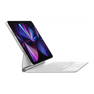 A tablet with a vibrant screen is attached to a white keyboard case, positioned in a floating stance.