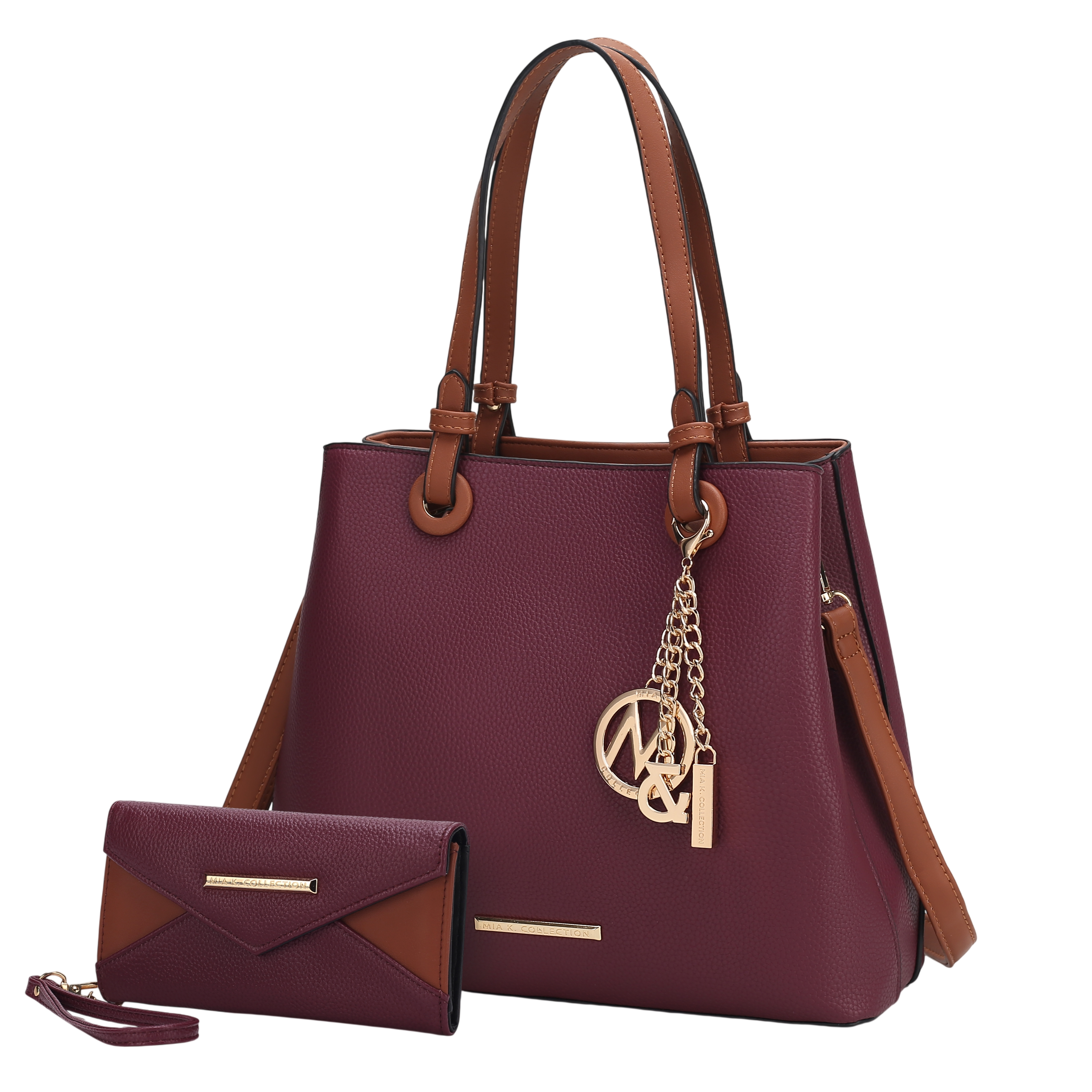 A burgundy handbag with brown handles and gold chain accents is paired with a matching wallet.