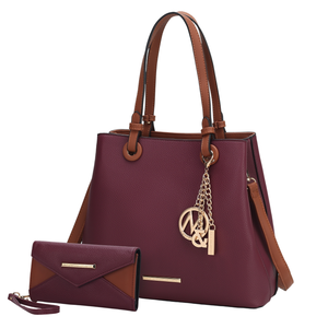A burgundy handbag with brown handles and gold chain accents is paired with a matching wallet.