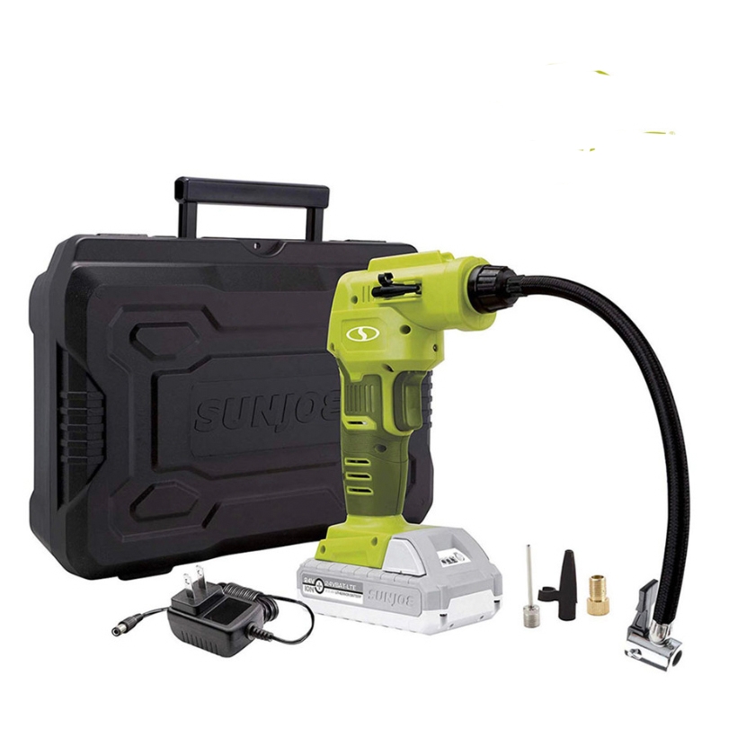 Sun Joe 24V Cordless Air Compressor features a green handle, a flexible hose, charger, various nozzles, and a sturdy black carrying case, providing portable inflation for tires and other inflatables.