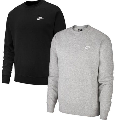 Two Nike crewneck sweatshirts, one black and one grey, each featuring a small white Nike logo on the chest.