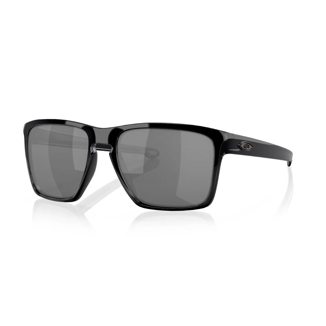 Sleek black rectangular sunglasses with dark lenses and a subtle logo on the temple.