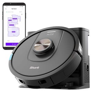 Refurb Shark Robot Vacuum with Base is shown alongside a smartphone displaying a cleaning map, indicating smart navigation for efficient cleaning.