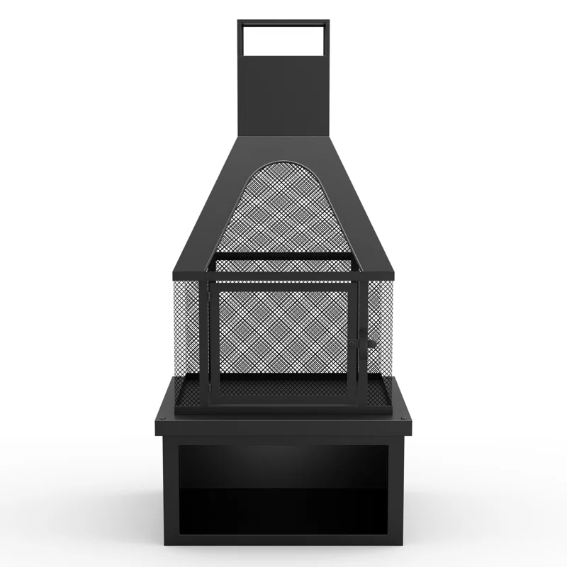 Metal wood-burning chiminea with a square base, mesh body, and a tall, rectangular chimney. The design includes a front door for adding wood and controlling airflow.