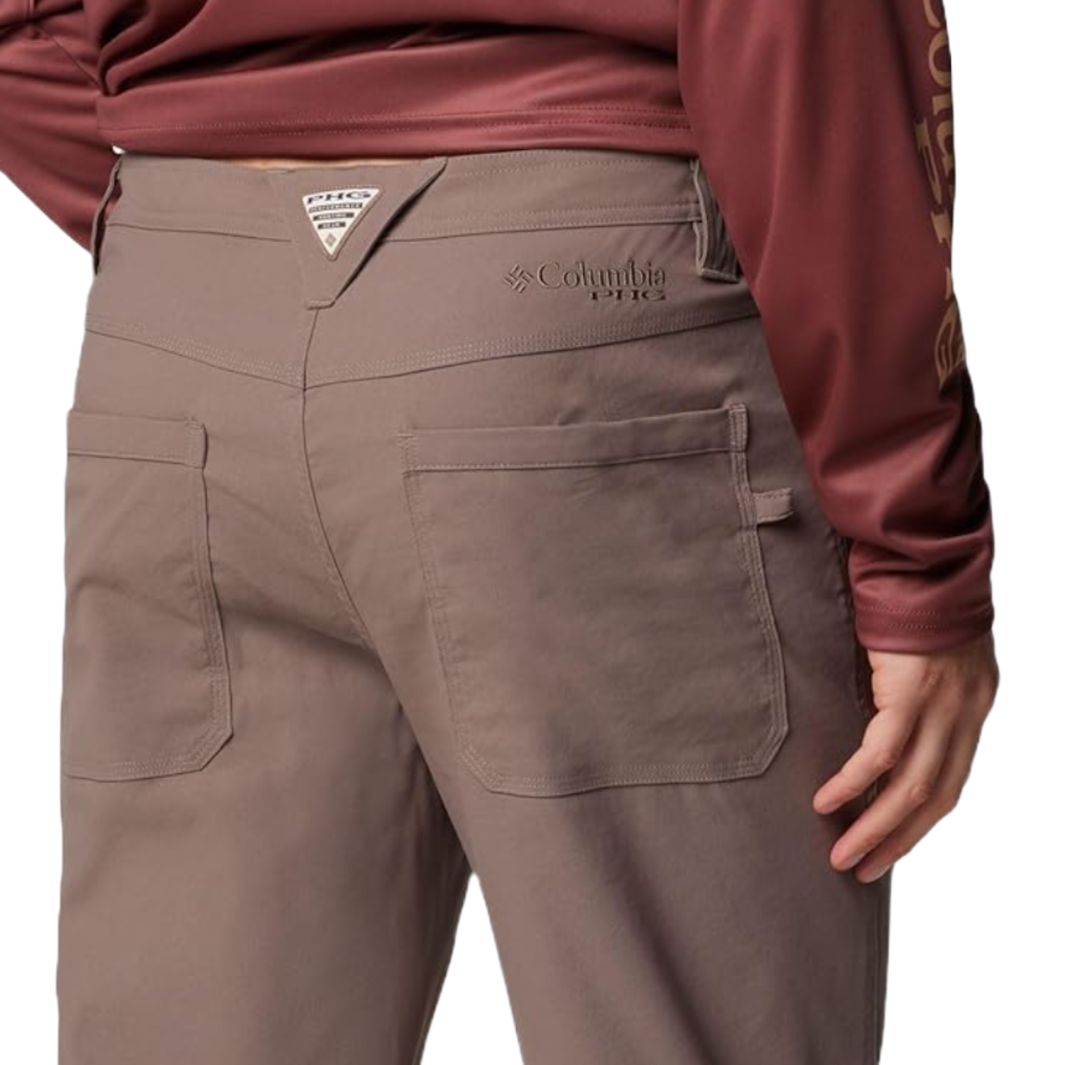 The pants are brown with multiple pockets, featuring a prominent Columbia logo on the back right side.