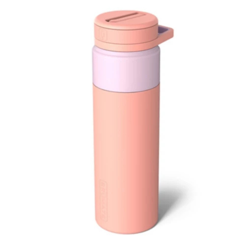 A 25oz BruMate Rotera Water Bottle in a sleek peach and light pink design, featuring a rectangular carrying handle integrated into the lid.