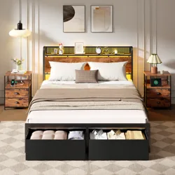 A cozy bedroom features a bed with a rustic wooden headboard, under-bed storage drawers, and two wooden nightstands. The room is decorated with modern art, soft lighting, and accessories like a clock, books, and devices.