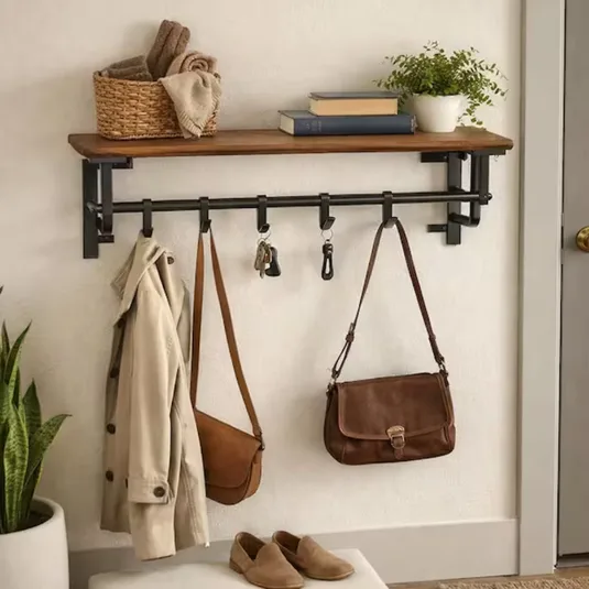 A wall-mounted shelf and hook rack features a wooden shelf holding books and a plant, and hooks below holding a coat, handbags, and keys. Beneath it sits a pair of shoes.