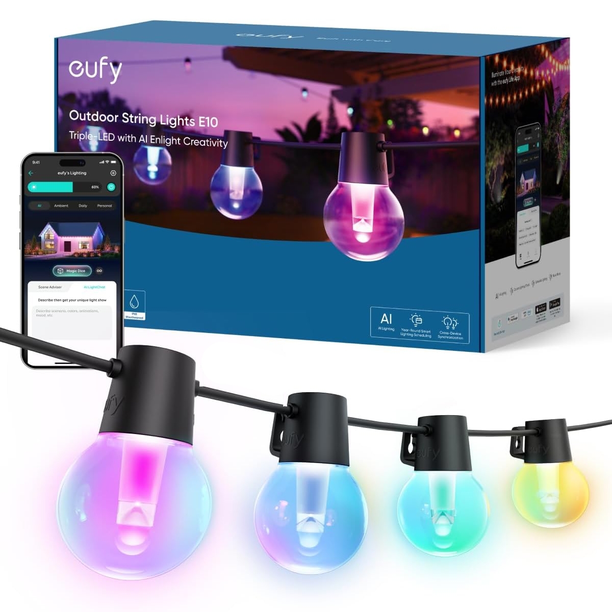 A string of outdoor multicolored LED lights, with a smartphone app for color control, showcased alongside its packaging.
