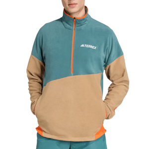 A color-block fleece pullover with turquoise and tan sections, featuring an orange zipper and accents. The chest displays the Terrex logo.
