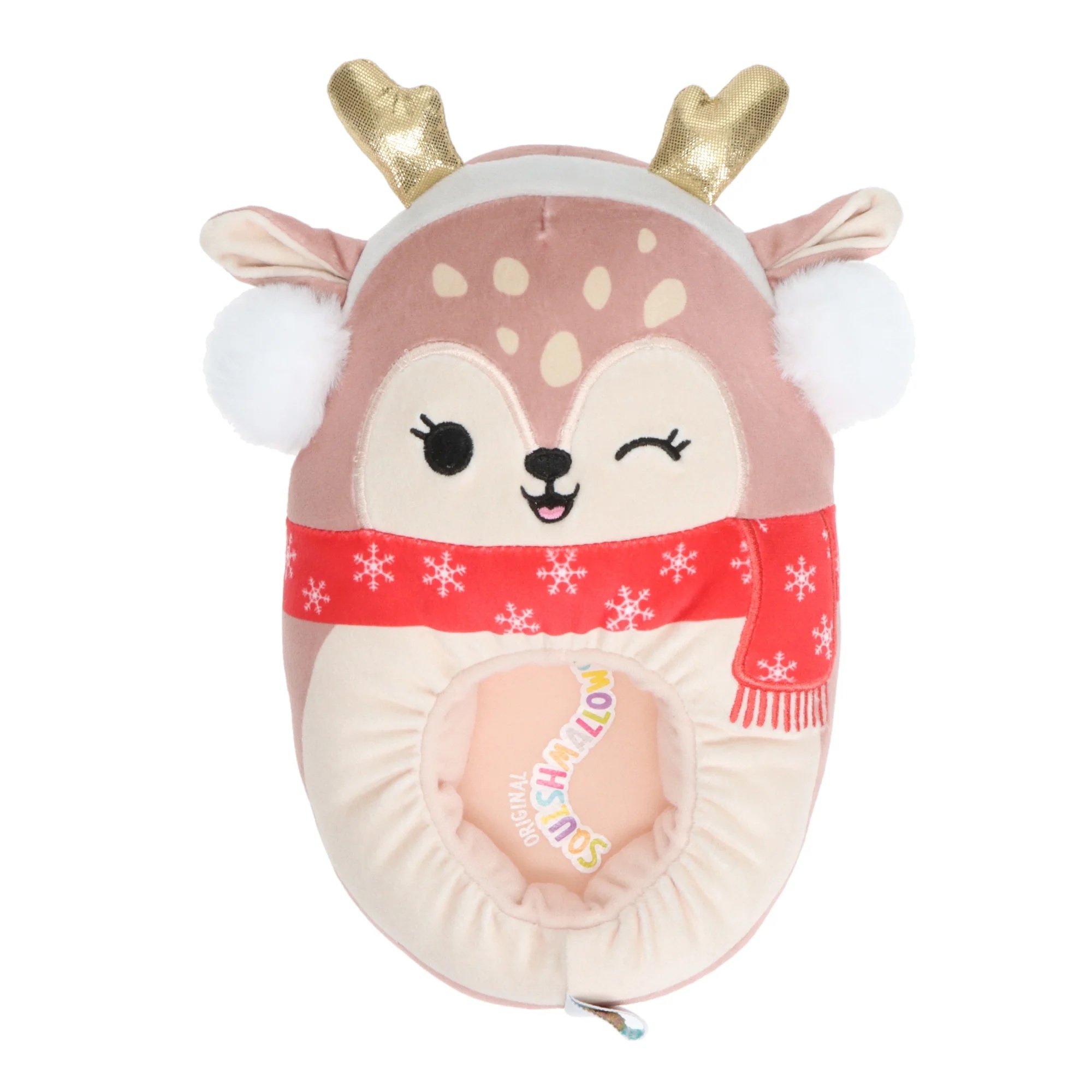 A deer-themed plush neck pillow with gold antlers, ear muffs, and a red scarf with snowflakes.