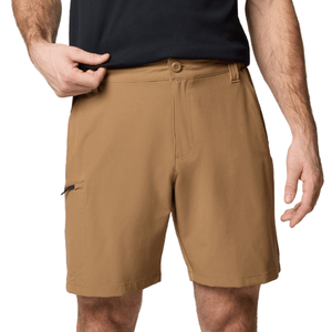 Tan shorts with a button closure, belt loops, and a small side zipper pocket, worn with a black shirt.