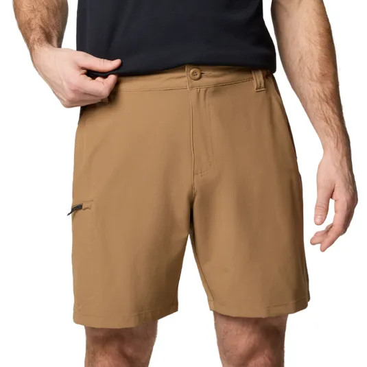Tan shorts with a button closure, belt loops, and a small side zipper pocket, worn with a black shirt.