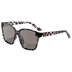 Square-shaped sunglasses with tortoiseshell-patterned frames and gray tinted lenses.