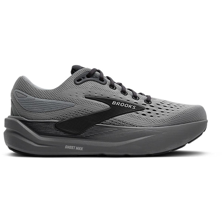 A gray Brooks Ghost Max running shoe with a breathable mesh upper, cushioned sole, and lace-up design.