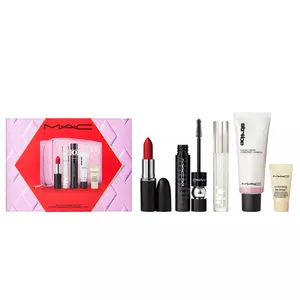 MAC makeup gift set includes red lipstick, mascara, a clear lip gloss, Strobe Cream, and Hyper Real Serum.