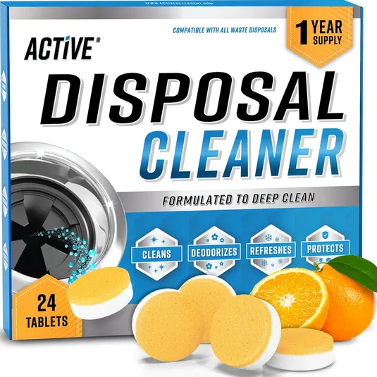 Active Disposal Cleaner tablets, 24-pack, designed to clean, deodorize, refresh, and protect garbage disposals. Infused with a citrus scent, providing a one-year supply. Compatible with all waste disposals.