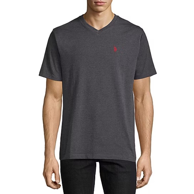 Dark gray V-neck short-sleeve T-shirt with a small red logo on the left chest, paired with black pants.