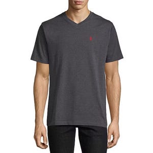 Dark gray V-neck short-sleeve T-shirt with a small red logo on the left chest, paired with black pants.