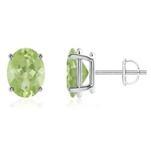 Silver stud earrings featuring oval-cut green gemstones in a four-prong setting.