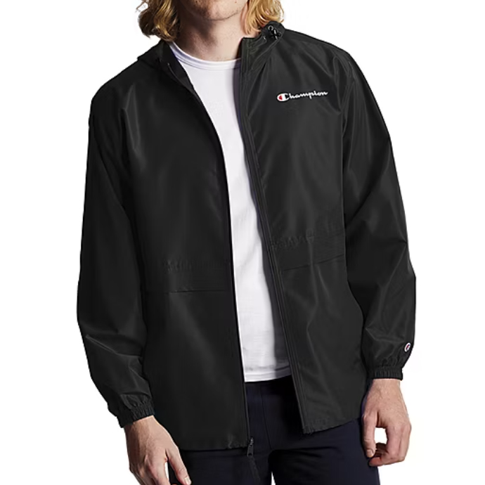 Black Champion windbreaker jacket featuring a hood, full zip closure, elastic cuffs, and the Champion logo on the chest and sleeve.