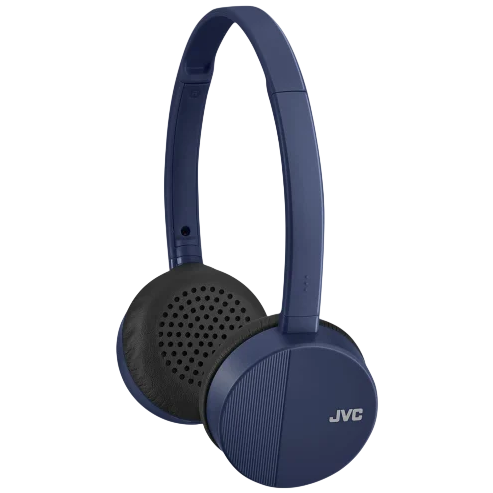 Blue JVC wireless on-ear headphones with black cushioned earpads and a minimalist design.