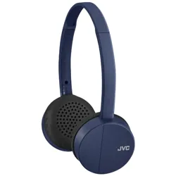 Blue JVC wireless on-ear headphones with black cushioned earpads and a minimalist design.