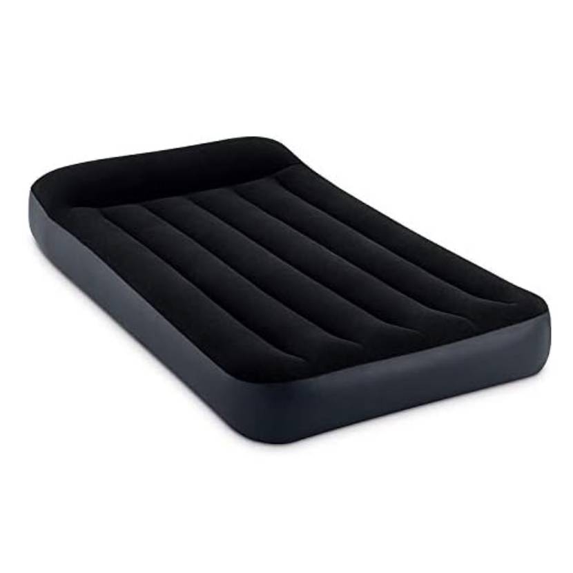 Inflatable twin-sized air mattress with a built-in raised pillow and horizontal air chambers for stability and comfort.