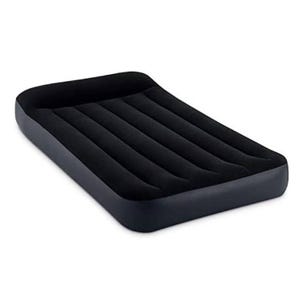 Inflatable twin-sized air mattress with a built-in raised pillow and horizontal air chambers for stability and comfort.