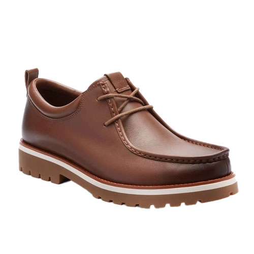 Brown leather lace-up shoes with a moccasin-style front, chunky rubber sole, and a pull tab at the heel.